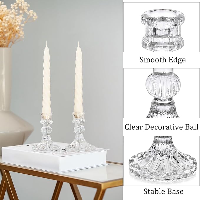 6 Pack Glass Taper Candlestick Holders, Clear Candlestick Holders, 4" H Stripe Crystal Candle Holders Decorative Candle Stand Centerpiece for Wedding, Festival, Dinning Party Table Decor