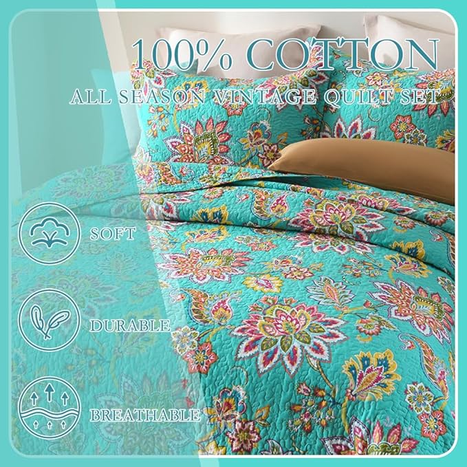 Cotton Bedspread Bedding Coverlet Quilt Sets, Reversible Vintage Branch Floral Bedspread comforters, (Vintage Turquoise Paisley Floral Pattern, King Size)