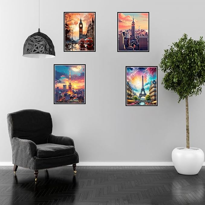 Boho Wall Art Decor,New York, London, Tokyo, Paris, Eiffel Tower,City Wall Decor Art,Modern Landscape Wall Art for Living Room Bedroom Prints Poster,8x10 Inch Set of 4,Framed