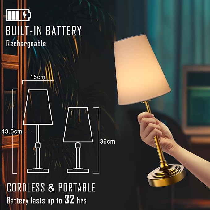 Portable Cordless Table Lamp, Built in Rechargeable Battery, 2700-6000k Color Temperature, Fully Dimmable, Scalable, Ambient Light for Patio, Restaurant, Bar, Bedroom, Dining (Gold)