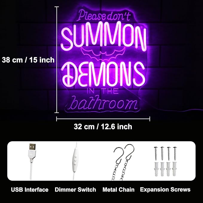 Please Don't Summon Demons in the Bathroom Neon Sign Gothic Wall Art Dimmable Purple Letter LED Neon Light Spooky Bat Neon Wall Sign for Bedroom Bathroom Man Cave Bar Halloween Party Decor