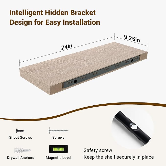 24 Inch Floating Shelves, 3D Textured Wood Grain, 24"x9.25"x1.5" Inch Deep Floating Shelves for Wall, Wooden Shelves for Bathroom, Bedroom, Living Room, Vintage White Oak, 2 Pieces