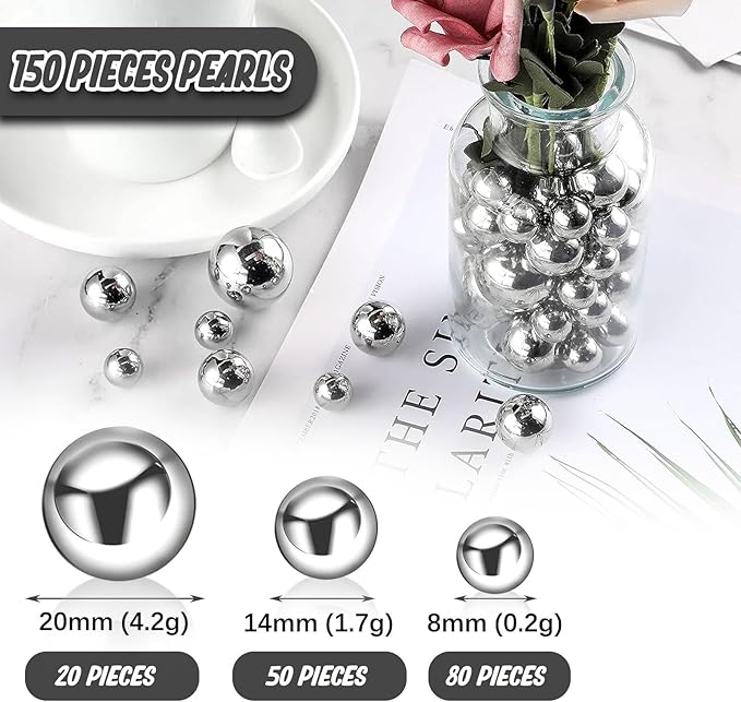 Silver Vase Filler | 150PCS Pearls Bead for Centerpieces Vases | 8/14/20 mm No Hole Beads, Fake Pearls for Wedding Birthday Theme Party Table Centerpieces Decor