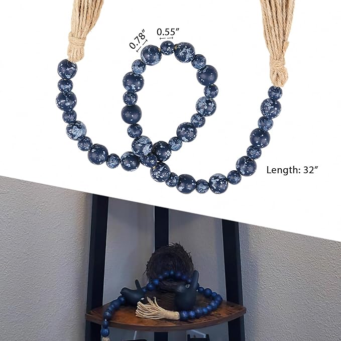 Handcrafted Farmhouse Wooden Decorative Beads Garland, Table Tray Boho Wood Beads with Tassel, Small Rustic Antique Decor for Home and Events (32" Rustic Blue)