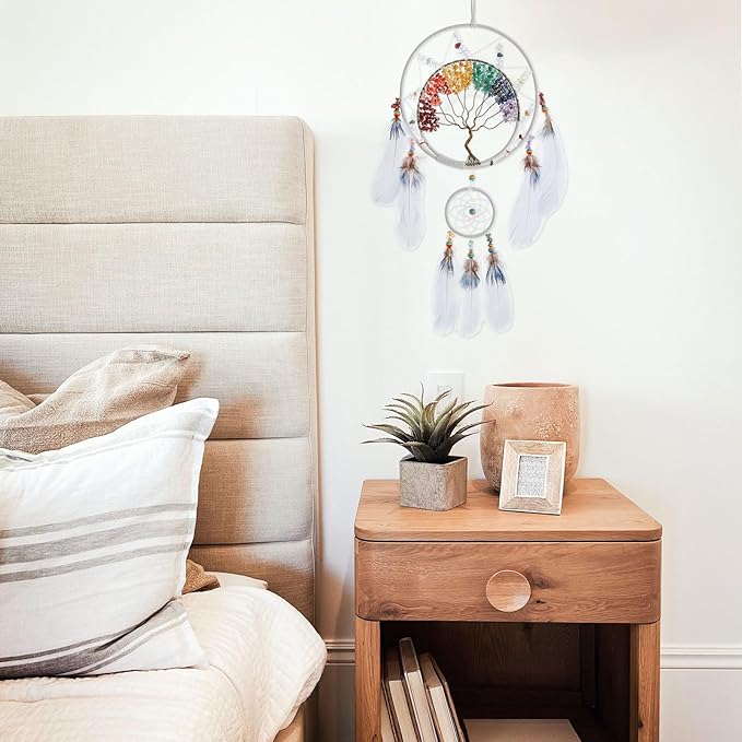 7 Chakras Tree of Life Dream Catcher Wall Decor with Rainbow Healing Crystal Stone Handmade White Feather DreamCatchers Wall Hanging Ornaments for Bedroom Home Decor Blessing Gift Wedding Party-23.6"