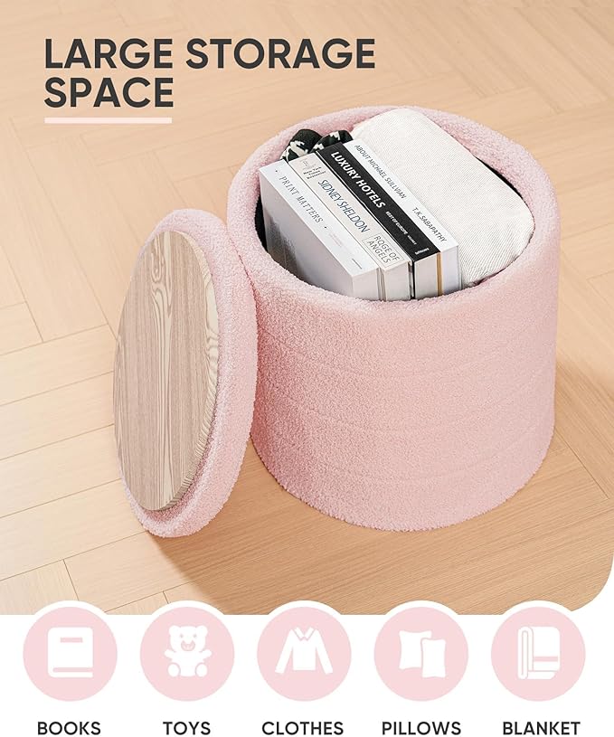B FSOBEIIALEO Ottoman with Stroage, Round Sherpa Storage Ottoman Stool, Boucle Foot Rest 16.9"x16.9"x17.7"（Pink