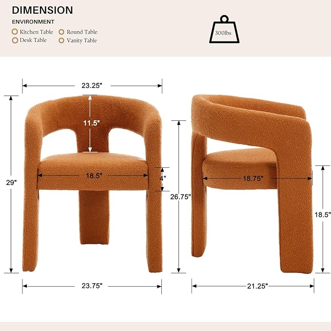 Orange Sherpa Dining Chairs Set of 6, Modern Barrel Dining Room Chairs Upholstered Faux Fur Accent Chair with Arms and Round Back for Living Room Kitchen Armchair No Assembly Needed