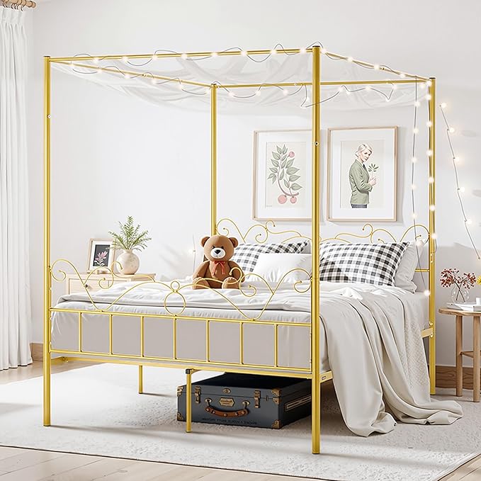 VEVOR Canopy Bed Frame Queen Size, Metal Canopy Bed with Minimalist Headboard & Four Posters Design, Heavy Duty Steel Slats Support, Underbed Storage Space, No Box Spring Needed, Easy Assembly, Gold