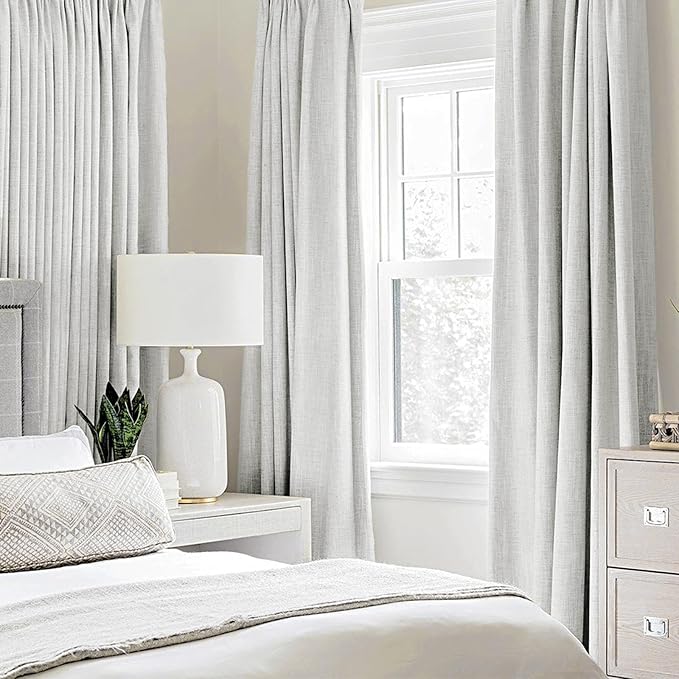MIULEE 100% Blackout Linen Textured Curtains for Bedroom Solid Thermal Insulated Heathered White Grommet Room Darkening Curtains & Drapes Luxury Decor for Living Room Nursery 52 x 108 Inch (2 Panels)