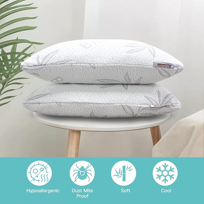 JJDANFILL Rayon Derived from Bamboo Pillow Queen Size Set of 2 - Machine Washable Bed Pillows for Sleeping for Back, Stomach and Side Sleeper - Firm Shredded Memory Foam Pillows 20 * 30in