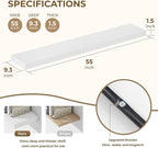 55 Inches Floating Shelves for Wall, 9.3" Deep Long Floating Shelves Set of 1, Large Display & Storage Shelf, Wall Shelf for Bathroom Bedroom Living Room Kitchen Office, White