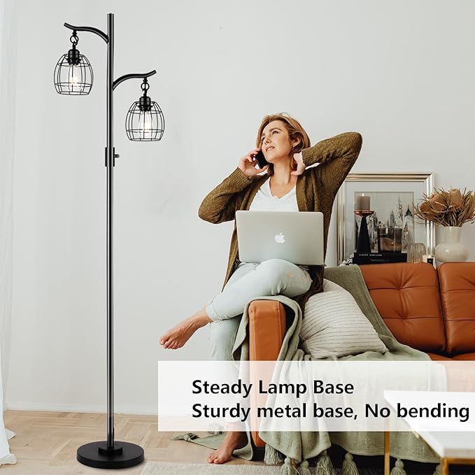 9MMML Floor Lamp for Living Room, Farmhouse Industrial Dimmable Floor Lamps with 2 Hanging Teardrop Cage, Vintage 67'' Tall Black Tree Standing Lamp for Bedroom Office, 2 x 800LM LED Bulbs Included