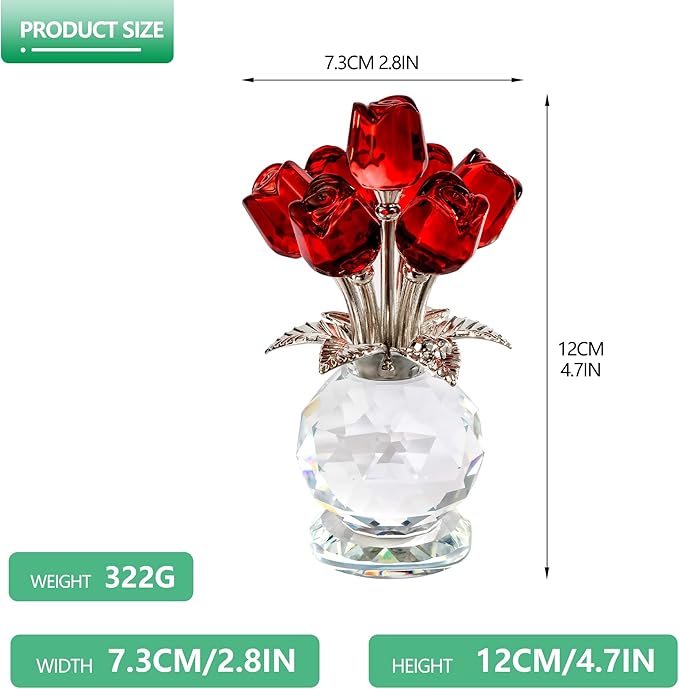 Crystal Red Rose Flower Collectible Figurine with Base Glass Rose Figurine Decor Paperweight Gift for Women Mom