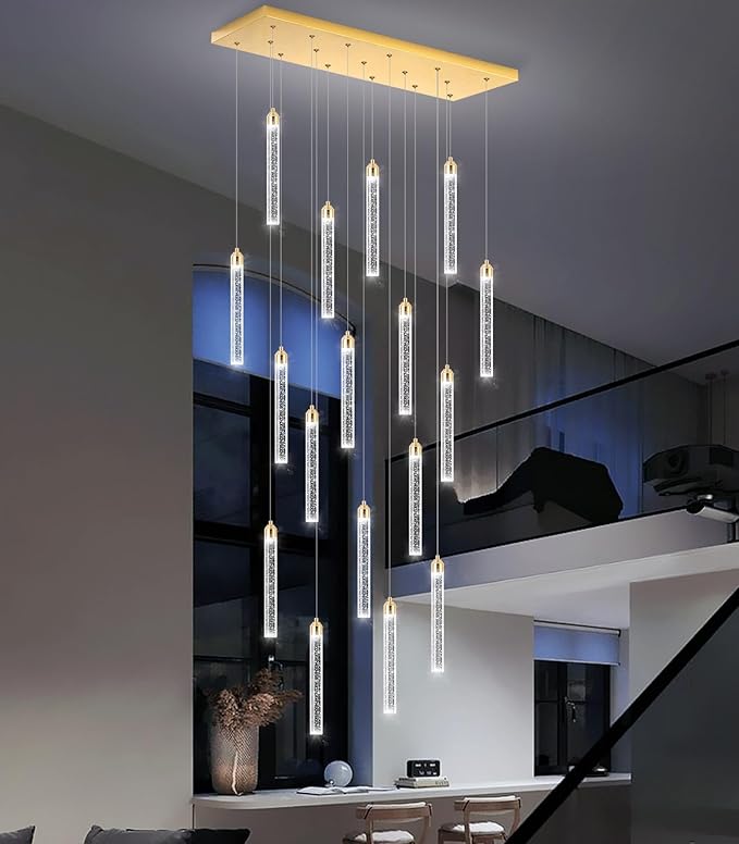 Rectangular Chandeliers 17-Lights Long Light for Entryway LED Dimmable Chandeliers Lighting Fixture Flat Sloped High Ceiling Pendant Lights Crystal for Living Room Foyer Hallway Staircase Gold