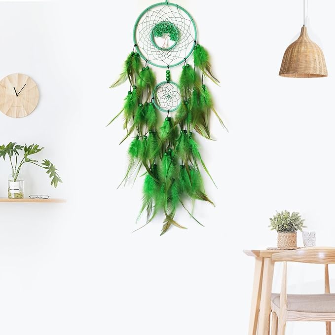 Green Dream Catcher Wall Decor Crystal Tree of Life Dream Catchers Handmade Feather Dreamcatcher Wall Hanging Ornament for Bedroom Living Room Home Decor