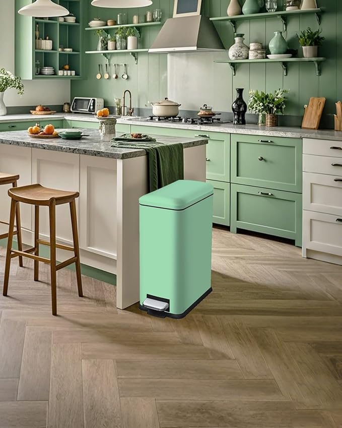 8 Gallon Slim Trash Can with Soft Close Lid, Stainless Steel Trash Can with Removal Inner Bucket, Hand -Free Trash Bin for Kitchen, Office, Laundry, Bathroom, 30 Liter Capacity, Green