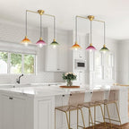 3-Light Pendant Lights Kitchen Island, Ceiling Hanging Lighting Fixtures, Colorful Vintage Glass Shade Pendants, Modern Gold Dining Room Chandeliers Height Adjustable for Farmhouse Living Room