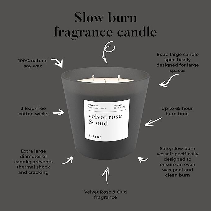 Hidden Label Large Scented Candle, Velvet Rose & Oud, 30oz 3 Wick Huge Candle, Serene Collection Slow Burn Natural Soy Candles for Home Scented