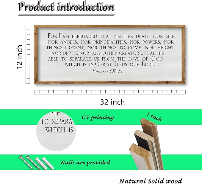 ZZJJHYWGQ For I am Persuaded Bible Verse Wall Decor Art 32"×12" Romans 8:38-39 Sign Large Wood Frame Scripture Christian Framed Hanging (Wood)