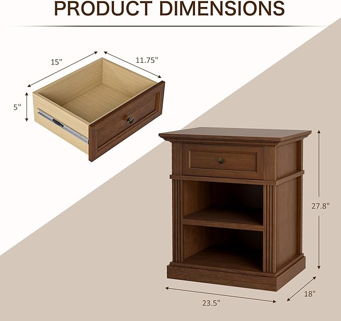 Mason Nightstand, Solid Wood End Table with Drawer, Timeless Classic Side Table for Bedroom, Living Room or Home Offices