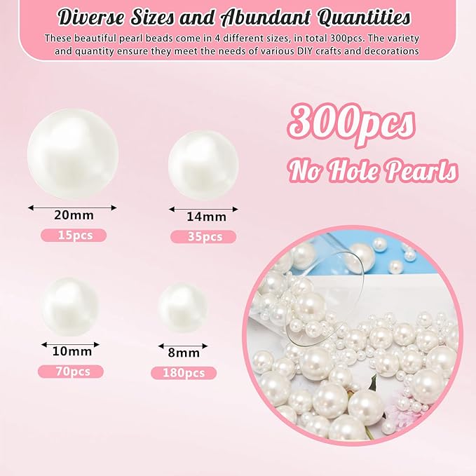 300Pcs Pearl Vase Filler, Ivory No Hole Faux Pearl Beads for Centerpieces Vases, Candle Centerpieces, Wedding Birthday Party Home Decor 8/10/14/20mm