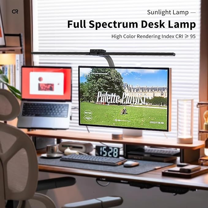Full Spectrum LED Desk Lamp, Sun Lamp 15W Eye-Caring Table Light with CRI≥95, Flicker-Free, Low Blue Light, 2700K-6500K, Stepless Dimming, 360° Arm, Clamp Base for Office & Study