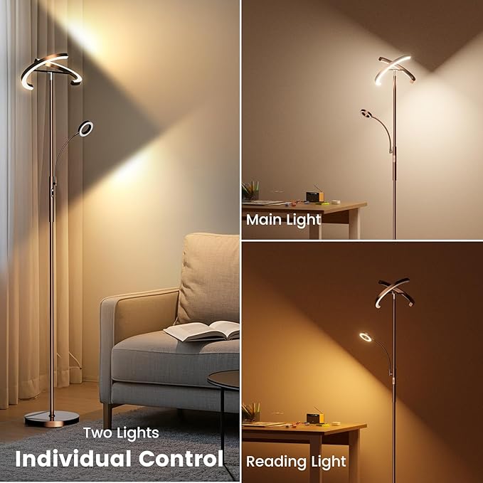2-in-1 Brown LED Floor Lamp - 69" Dimmable Torchiere Standing Lamp with Remote Touch Control, 29W Bright Modern Floor Reading Lamp Pole Light for Living Room Bedroom Office Corner