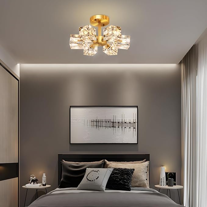 Semi Flush Mount Ceiling Light Fixture Modern 6 Lights Gold Crystal Chandelier,Brushed Nickel Sputnik Chandeliers for Hallway Entryway Bedroom Dining Room Farmhouse Kitchen Office