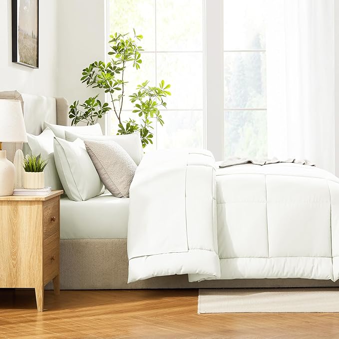CozyLux Queen Size Comforter Set Ivory - 7 Pieces Bed in a Bag, Cream Off White Comforter Queen Size, Bedding Sets with All Season Quilted Comforter, Flat Sheet, Fitted Sheet, Pillowcases