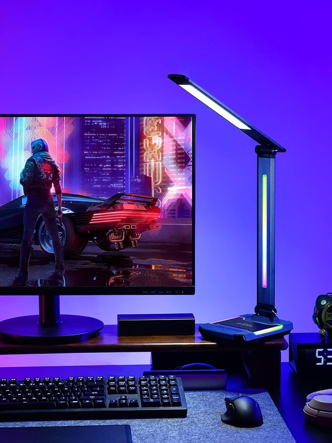 WILIT Gaming Desk Lamp,Music Sync Color Changing Rhythm Light with Wireless Charger and USB Charging Port, LED RGB Ambient Light, Aluminum Alloy Body Touch Table Lamp for PC, Room Decoration(Black)