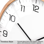 Driini Analog Dome Glass Wall Clock (12") - Wood Frame with White, Modern Face - Battery Operated with Non Ticking Hands - Large Decorative Clocks for Classroom, Office, Living Room, or Bedrooms.