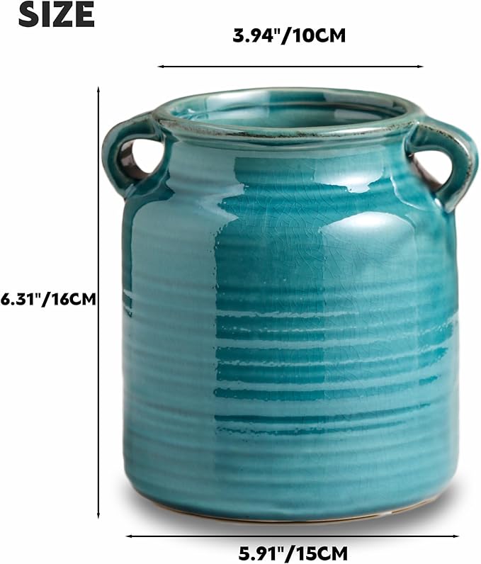 Ceramic Rustic Distressed Green Flower Vase for Centerpieces, Kitchen, Office or Living Room (5.9''x6.3'')