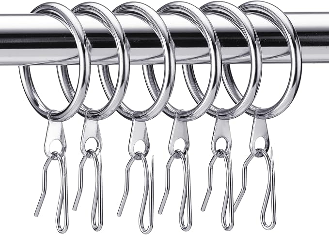 Hotop 30 Pcs Metal Drapery Curtain Rings 0.98/1.26/1.65 inch Interior Diameter and 30 Pcs Hanging Curtain Drapery Pin Hooks for Window Door Shower(42 mm,Silver)