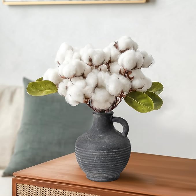 Black Ceramic Vase, Rustic Farmhouse Vase with Handle, 6 inch Terracotta Clay Small Vases, Centerpieces for Dining Table, Living Room, Bedroom, Entryway, Shelf Decor