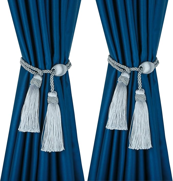 Silver Curtain Tiebacks with Tassel,Modern Rope Window Curtain Ties Backs for Draperies, Outdoor Elegant Decorative Curtain Holdbacks