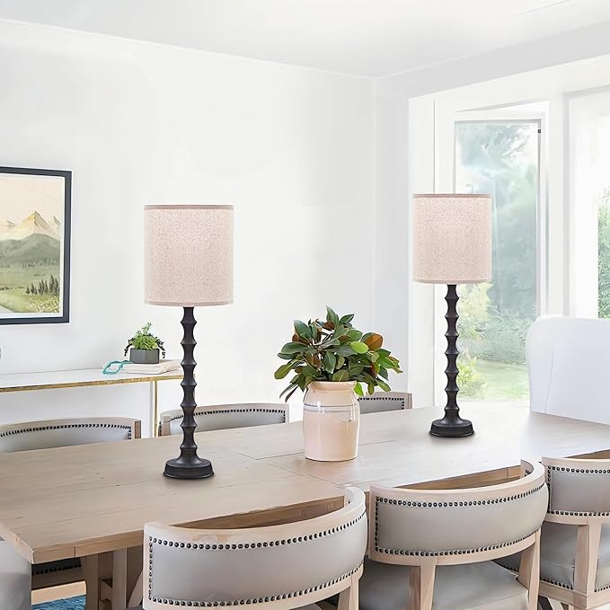 30.5" Rustic Buffet Table Lamps for Living Room Set of 2, Farmhouse Table Lamps for Buffet Set of 2, Oil Rubbed Bronze Candlestick Lamps with Linen Oatmeal Lampshade, Vintage Tall Skinny Lamps