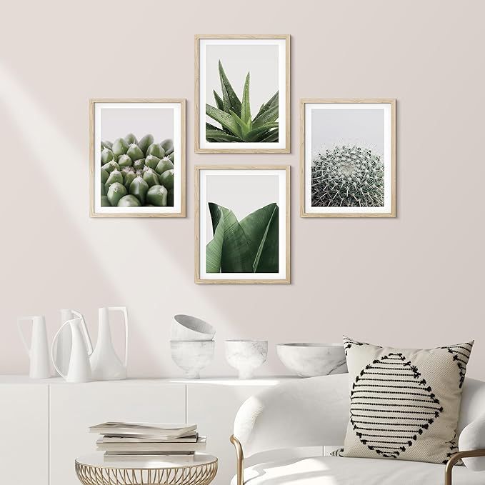 SIGNWIN Framed Tropical Island Wall Art, Set of 4 Green Desert Plant Cactus Snake Plant Wall Decor Prints, Nature Wilderness Wall Décor for Living Room, Bedroom - 8"x10" Natural