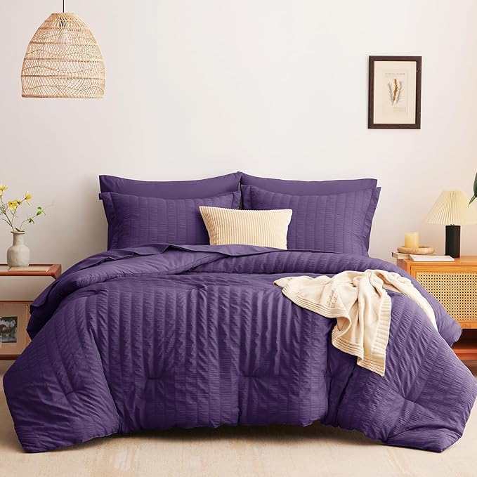 CozyLux Full Size Comforter Sets with Sheets 7 Pieces, Purple Seersucker Bed in a Bag Textured Luxury Soft Bedding Set with Down Alternative Comforter, Sheets, Pillowcases & Shams for All Seasons