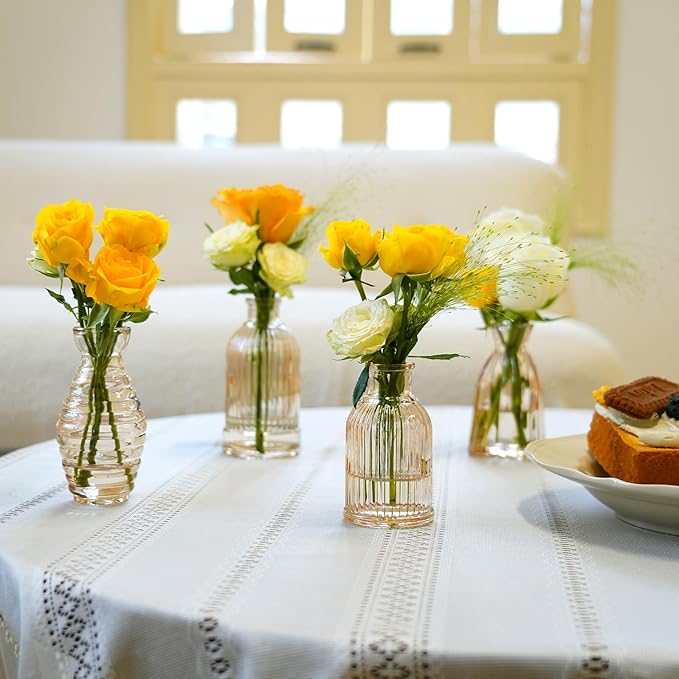 Champagne Bud Vases Set of 12 Amber Glass Vase for Decor Centerpieces, Small Ribbed Vases for Flowers Stripe Modern Bud Vases in Bulk Vintage Vases for Floral Wedding Party Table Decoration Home Decor