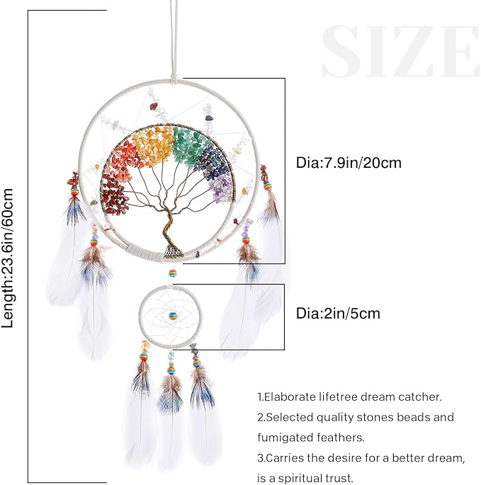 7 Chakras Tree of Life Dream Catcher Wall Decor with Rainbow Healing Crystal Stone Handmade White Feather DreamCatchers Wall Hanging Ornaments for Bedroom Home Decor Blessing Gift Wedding Party-23.6"