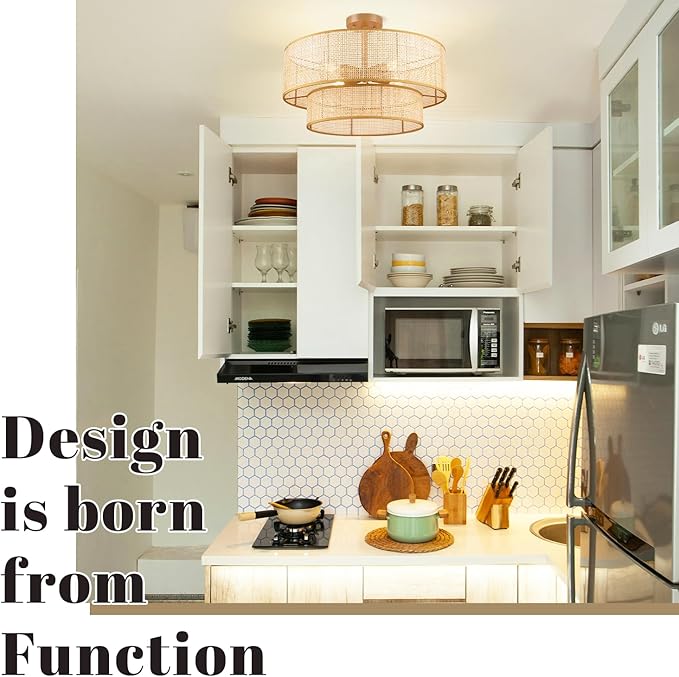 Hamilyeah 20 inch Ceiling Light Fixture Flush Mount Double Layer, Boho Light Fixture Ceiling Mount Wicker Shade, Bamboo Woven Rattan Light Fixture Ceiling for Living Room, Bedroom, Dining Room