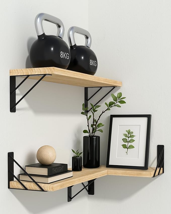 BAYKA Wall Shelves for Bedroom Decor, Floating Wall Shelves for Living Room Kitchen Storage, Wall Mounted Rustic Wood Floating Shelves for Kids Books, Corner Shelves for Bathroom(Brown，Set of 3)