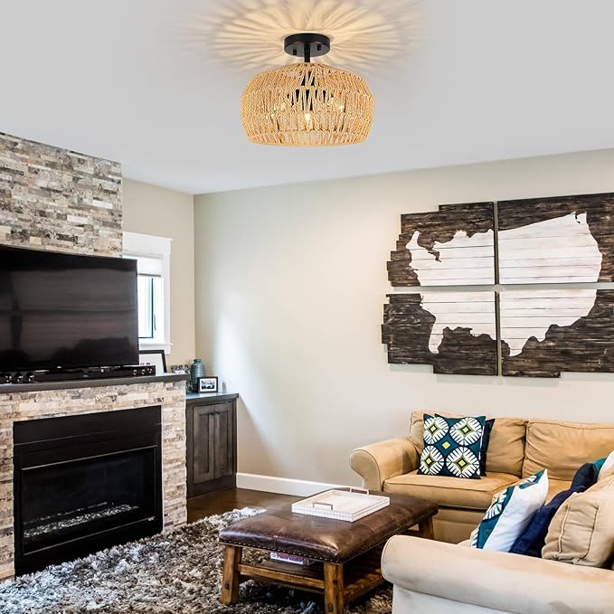 Rattan Light Fixtures Ceiling Mount, 3-Lights Boho Semi Flush Mount Ceiling Light, Farmhouse Woven Ceiling Lighting, Rustic Wicker Chandelier for Hallway Bedroom Kitchen Entryway