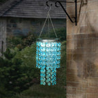 Hanging Solar Lantern Outdoor, 2 Tiers 21” Solar Blue Acrylic Beaded Chandelier with Cool White LED S Hooks for Garden Yard Patio Gazebo Outside Decor
