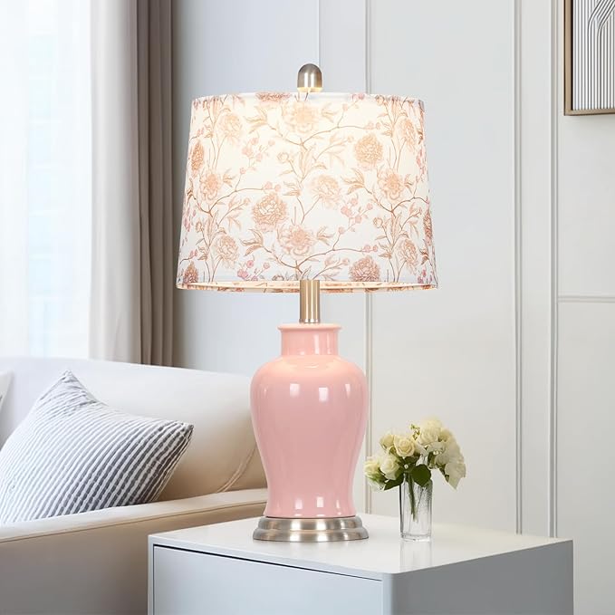 Pink Ceramic Table Lamp with Flower Lampshade, 23" Cute Ceramic Bedside Lamp with Ginger Jar Design, Modern Living Room Lamps Set 2, Elegant Bedroom Lamps for Nightstand Desk Side Home Decor
