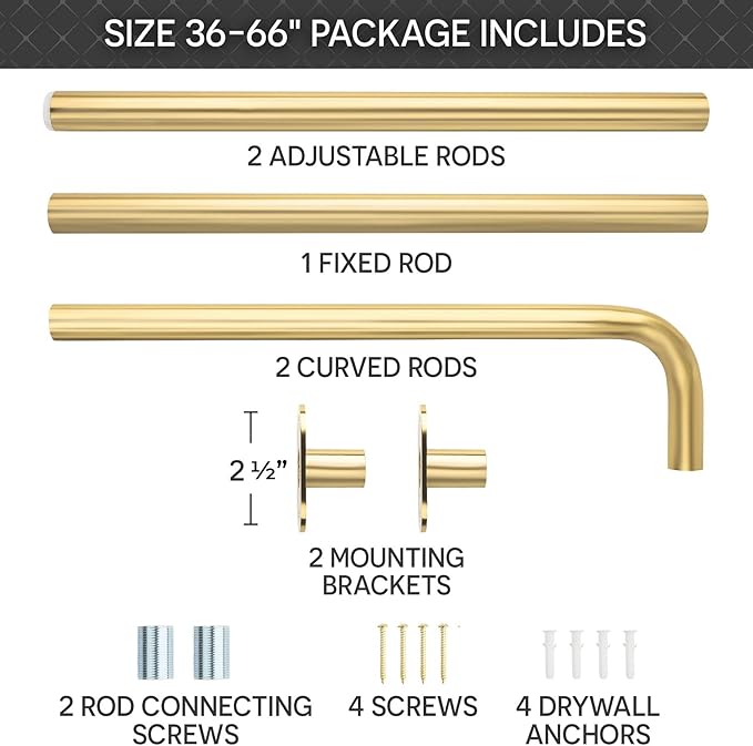 Blackout Curtain Rod Wrap Around Design - Adjustable 36-66 Inches - Wall/Ceiling Mount - Heavy Duty Metal - Room Darkening French Return Drapery Hardware - Modern Minimalist Bracket - Brushed Gold