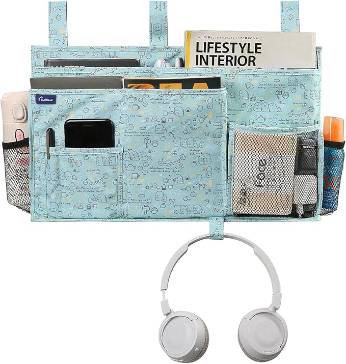 Surblue Bedside Caddy Hanging Bed Organizer Storage Bag Pocket for Bunk and Hospital Beds, College Dorm Rooms Baby Bed Rails, Camp 8 Pockets, (Large, Cartoon)