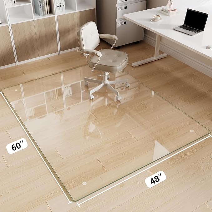 Glass Chair Mat 48" x 60" Heavy Duty Tempered Glass Mat, Office Glass Floor Mat with Polished Edge and Round Corner for Smooth Glide, Carpet Hardwood Floor Protector