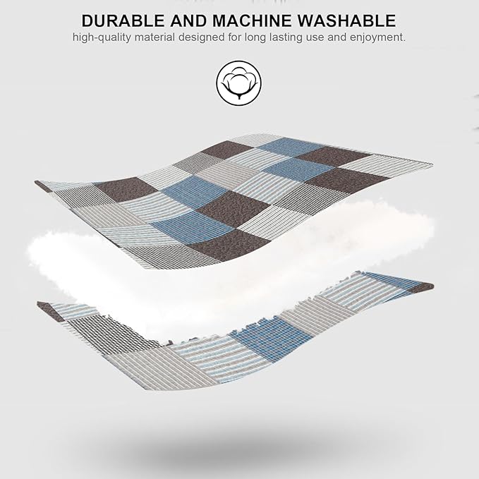 PANGUSHAN 100% Cotton Quilt Set King Size, Patchwork Plaid King Quilt Bedding Set Bedspreads, Farmhouse Lightweight Comforter Reversible Quilt, Blue/Brown Bed Spread for King Bed, 3 Pieces