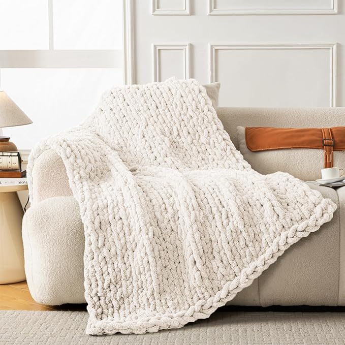 Ultra Soft Chunky Knit Blanket Throw -50x60 Hand Knitted Warm Chenille Throw Blanket, Home Decor Soft Thick Yarn Cable Knit Blanket Breathable Fleece Banket Christmas for Couch Bed Sofa Best GIF Gift